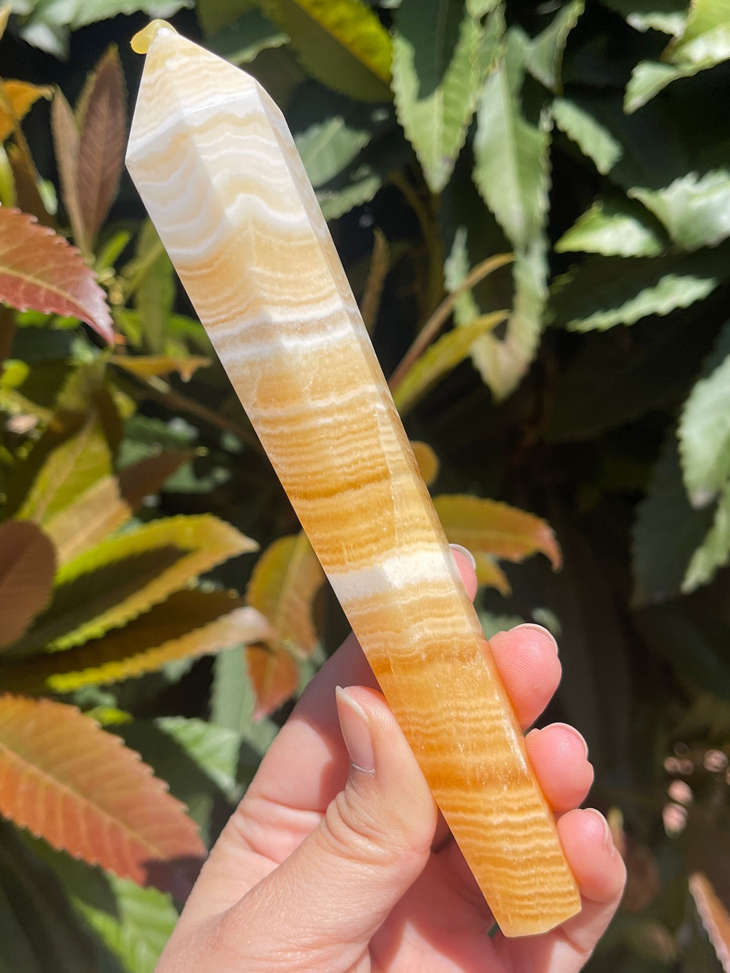 Orange Banded Calcite Wand Point #A